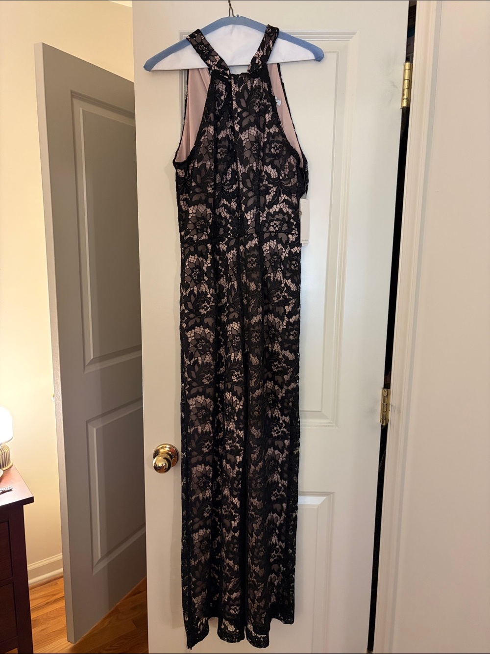Black Lace Overlay Jumpsuit with Blush Lining